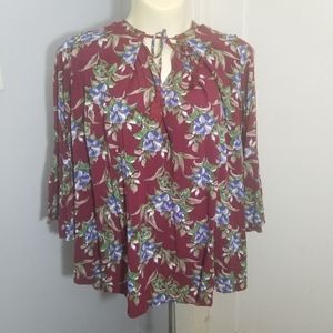 Umgee Burgundy Floral Bell Sleeve Tie Top / Small